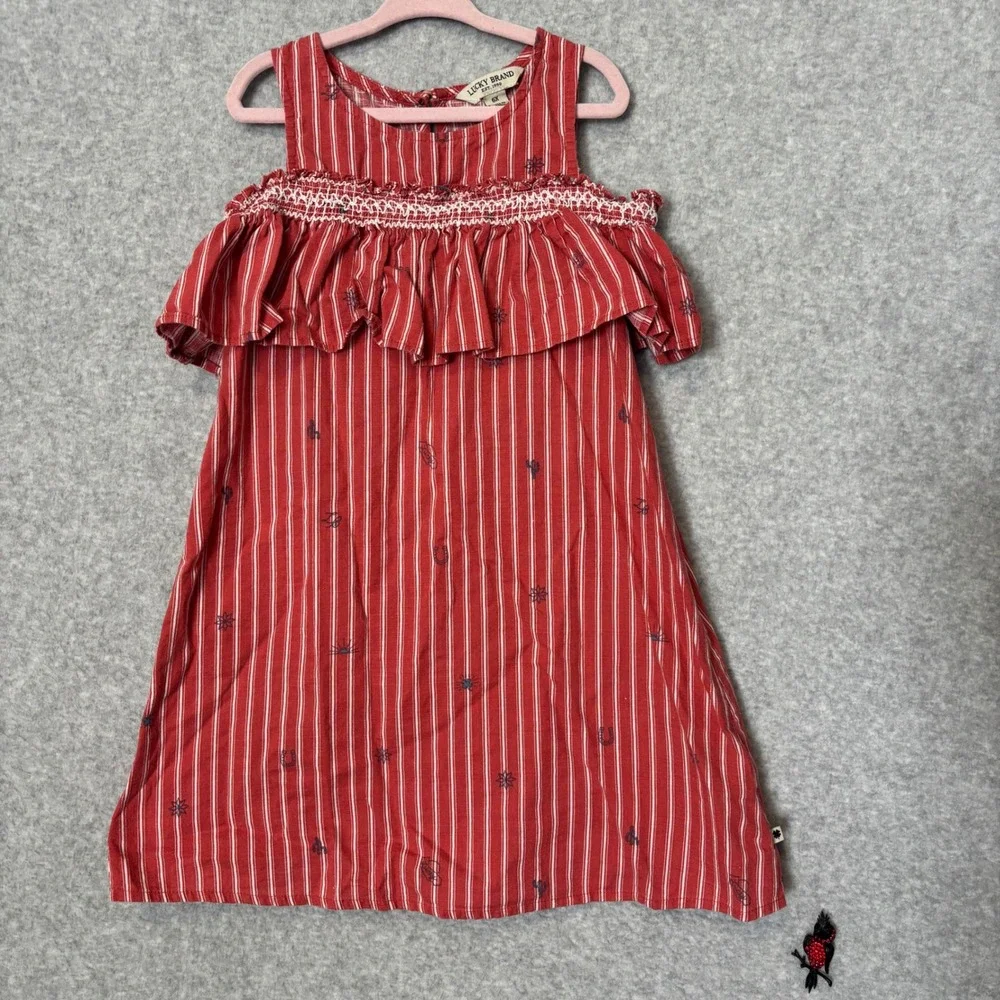 Lucky Brand Girls 6X Ruffle Dress Red White Striped Western Smocked Sundress‎